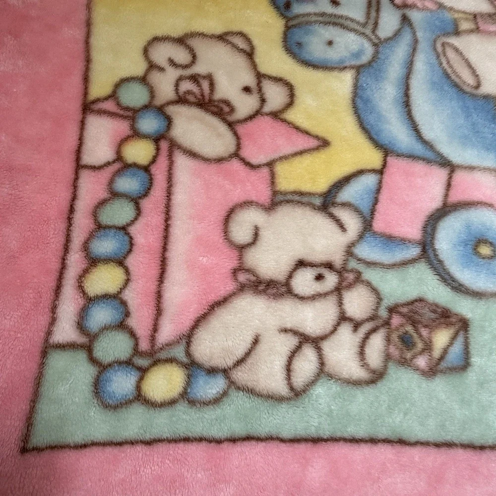 Vtg Baby Blanket Teddy Bear Rocking Horse Chick Pink Mink Kawaii Plush Bow Korea